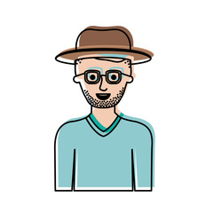 man half body with hat and glasses and sweater with short hair and stubble beard in watercolor silhouette vector illustration