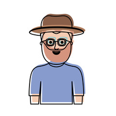 man half body with hat and glasses and t-shirt with full beard in watercolor silhouette vector illustration