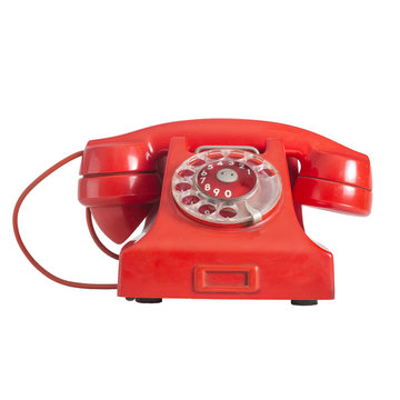 Red Old Phone with Rotary Dial, Isolated on White Background, Selection Path Included