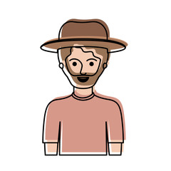 man half body with hat and t-shirt with short hair and beard in watercolor silhouette vector illustration