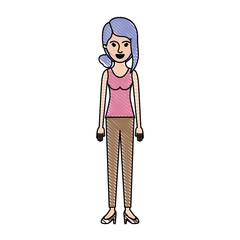 woman full body with t-shirt sleeveless and pants and heel shoes with collected hair and fringe in colored crayon silhouette vector illustration