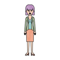 woman full body with blouse and jacket and skirt and heel shoes with mushroom hairstyle in colored crayon silhouette vector illustration