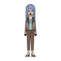 woman full body with blouse and jacket and pants and heel shoes with layered hair in colored crayon silhouette vector illustration