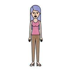 woman full body with t-shirt sleeveless and pants and heel shoes with long straight hai in colored crayon silhouette vector illustration