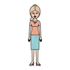 woman full body with blouse and skirt and heel shoes with ponytail hair in colored crayon silhouette vector illustration