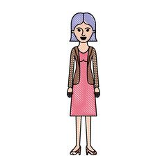 woman full body with blouse and jacket and skirt and heel shoes with short straight hairstyle in colored crayon silhouette vector illustration
