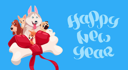 Happy New Year Lettering With Cute Dog On Decorated Bone Background Flat Vector Illustration