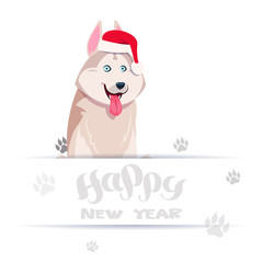 Happy New Year Card With Cute Husky Dog In Santa Hat Over Foot Prints On White Background Flat Vector Illustration