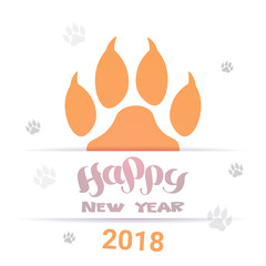 Fototapeta na wymiar Happy New Year 2018 Background With Dog Foot Print Holiday Greeting Card Design Flat Vector Illustration