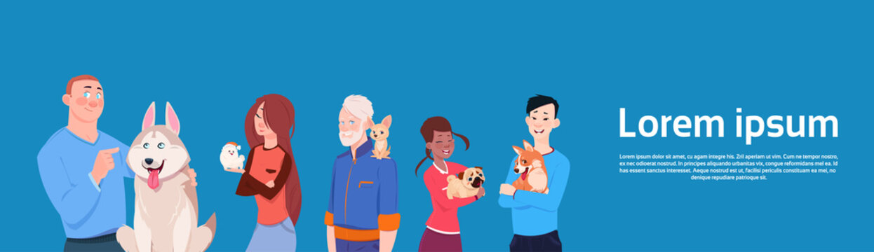 Group Of Different People Holding Cute Dogs Owners With Pets Flat Vector Illustration