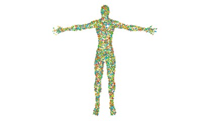 Microbiome , microorganisms, bacteria, viruses, microbes crawling , reproducing, multiplying , living on human. 3d render on white background ,invisible body layer: Shape only
