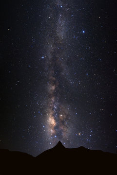Landscape silhouette of high moutain and milky way galaxy with stars and space dust in the universe