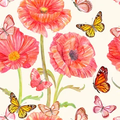Papier peint Coquelicots texture transparente de mode avec des coquelicots rouges et des papillons. peinture à l& 39 aquarelle