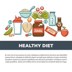 Sports nutrition and fitness gym dietary supplements poster.