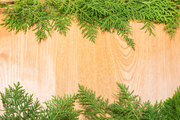 Pine leaves on wooden floor For Christmas