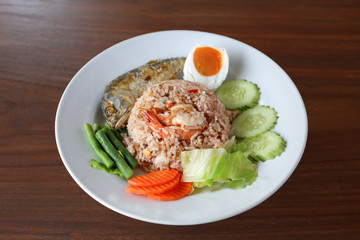 Thai shrimp paste sauce rice with fried fish, Nam phrik long ruea on a desk