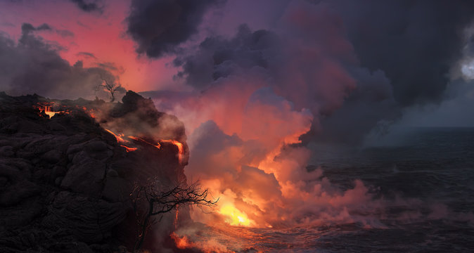 Beautiful volcanic landscape with orange lava flowing into the ocean water, rocks and dry trees against pink sky