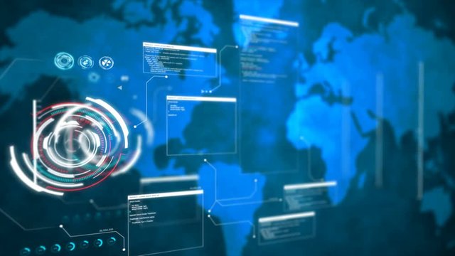 4K Animation UI User Interface with world map data HUD pi bar text box table and element on dark abstract background for futuristic technology concept