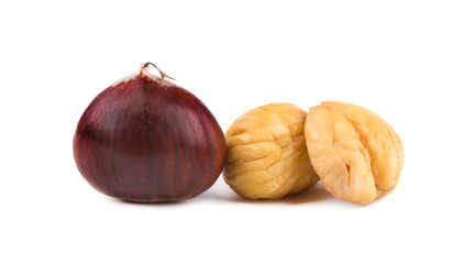 Fresh chestnuts with peeled roasted chestnut isolated on white background. Hippocastanum isolated. Isolated chestnut set with clipping path