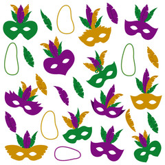 mardi gras pattern with mask feathers and necklaces vector illustration