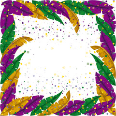 mardi gras frame with feathers and colorful confetti background vector illustration © Grgroup
