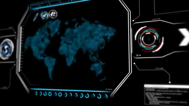 4K Animation UI User Interface with world map data HUD pi bar text box table and element on dark abstract background for futuristic technology concept