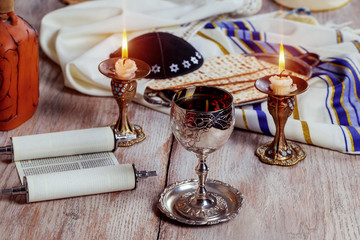 Shabbat Shalom - Traditional Jewish ritual matzah, bread,