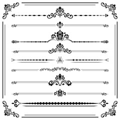 Vintage set of vector decorative elements. Horizontal separators in the frame. Collection of different ornaments. Classic black and white patterns. Set of vintage patterns