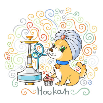 Happy golden cartoon puppy smoking hookah in turban. Cute little dog wearing collar.