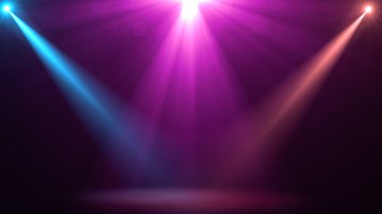 abstract of empty stage with colorful spotlights or Several bright projectors for scene lighting effects . can be used for display or montage your products - obrazy, fototapety, plakaty