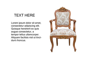 Armchair style vintage or retro make wood and fabric on white background with copy space. Clipping path in picture.