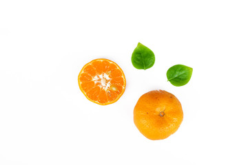 fresh orange with green lea isolate on white background