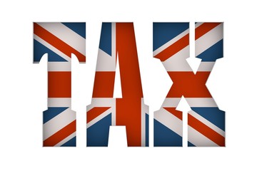 Tax concept. Cutout word with flag of the Great Britain on backdrop. 3d rendering