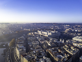 Aerial drone panoramic cityscape, architecture and landmark. View of Rome from the top, Italy