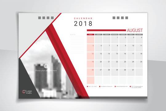 2018 August desk or table calendar, weeks start on Sunday