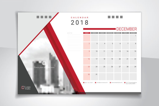 2018 December desk or table calendar, weeks start on Sunday