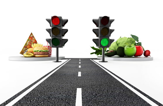 Green light for healthy food and red light for junk food. 3D illustration