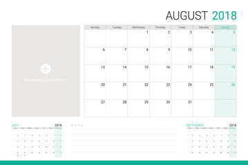 August 2018 illustration vector calendar or desk planner