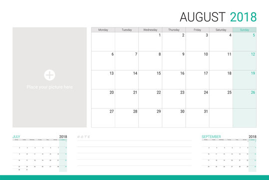 August 2018 illustration vector calendar or desk planner