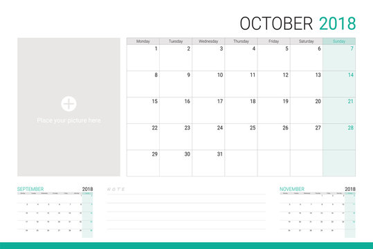 October 2018 illustration vector calendar or desk planner