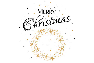 Merry christmas, happy new year lettering font text card. Typography inscription decoration poster type winter holiday art design tree circular wreath, old style snow. Illustration isolated background