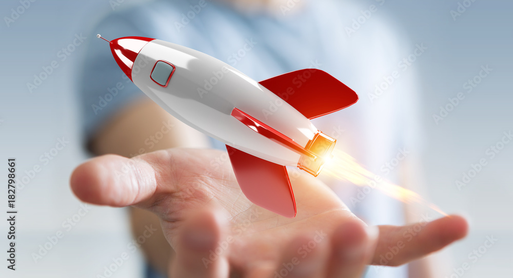 Aufkleber businessman holding and touching a rocket 3d rendering