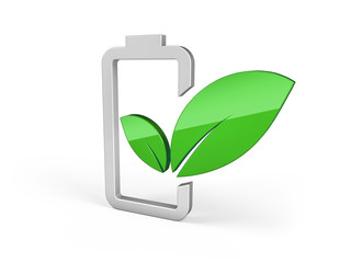 Battery with green leaf - eco energy concept. 3d illustration