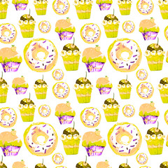 Sweet Seamless Pattern with Cakes, Donuts and Ice-cream. Appetizing Background for Design of Menu, Invitations, Pages of a Cookbook. Wonderful Print for Wrapping Paper, Fabric, Tiles, Wallpaper