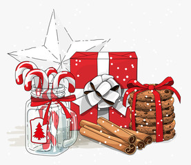 Christmas still-life, red gift box wit white ribbon, cookies, glass jar with candy canes and cinnamon sticks on white background, illustration