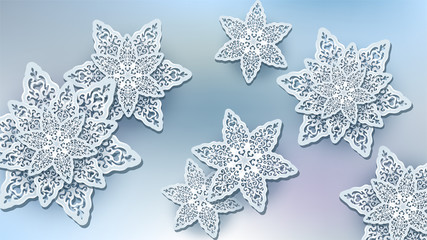 Abstract background with big elements. Openwork snowflakes like flowers. Light blue ang grey colors. Vector illustration.