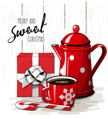 Christmas still-life, red gift box wit white ribbon, red tea pot, candy cane and cup of coffee on white background with text Merry and sweet Christmas, illustration