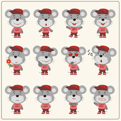 Obraz premium Collection of isolated mouse in clothes and cap. Set of mouse little boy in cartoon style.