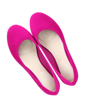 Hot pink fuchsia suede comfortable summer ballerina shoes top view isolated white