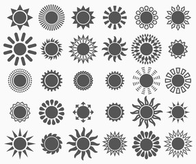 Set of vector silhouettes in the form of sun. Contours similar to stars. May be used as a sign of award, logos template or emblem. Collection of illustrations on the theme of sunny weather.
